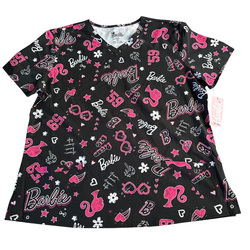 Barbie Scrub Top Womens Size 2XL Black Pink Short Sleeve Work Shirt